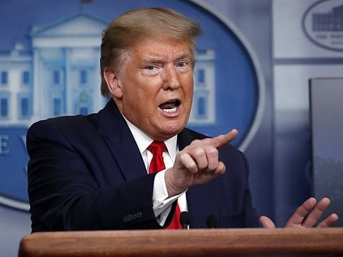 President Donald Trump speaks about the coronavirus in the James Brady Press Briefing Room at the White House, Monday, April 13, 2020, in Washington.