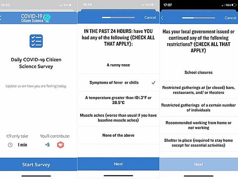 Screen shots of a new app for citizen scientists to help researchers learn more about the coronavirus.