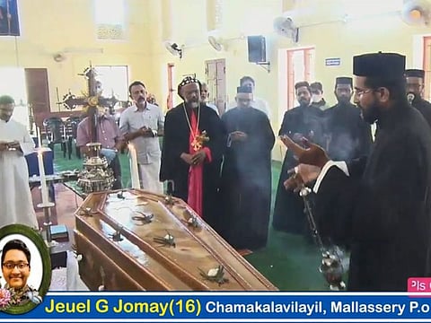 Prayers being performed for Jeuel G. Jomay in Kerala. The ceremony was watched by his family here in the UAE on Facebook