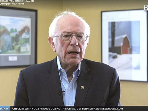 This image from video provided by the Bernie Sanders presidential campaign shows Sen. Bernie Sanders, I-Vt., as he announces he is ending his presidential campaign Wednesday, April 8, 2020, in Burlington, Vt. (Bernie Sanders for President via AP)