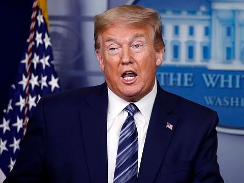 US President Donald Trump speaks about the coronavirus in the James Brady Press Briefing Room of the White House, Tuesday, April 21, 2020, in Washington.