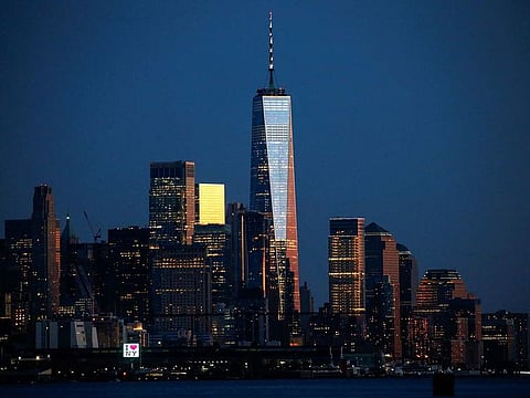 The One World Trade Center and lower Manhattan are seen during the sunset from Weehawken, New Jersey, during the outbreak of the coronavirus disease (COVID-19) in New York City, U.S. April 22, 2020.