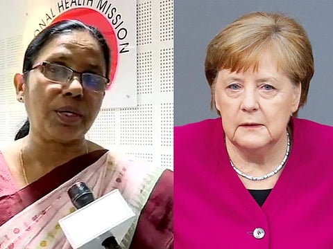 Kerala Health Minister (left) and German Chancellor Angela Merkel (right) - women of science fighting the good fight against coronavirus