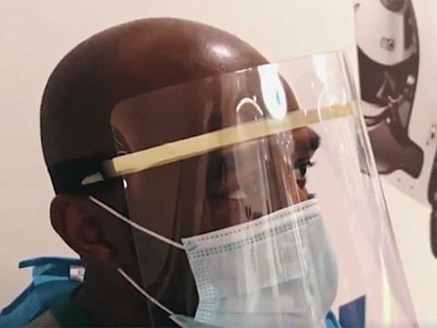 A face mask for frontline workers manufactured using 3D technology in a Dubai lab.