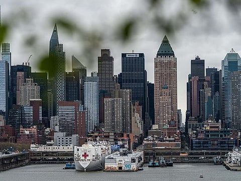 The USNS Comfort navy hospital ship is docked at Pier 90 in Manhattan on April 27, 2020 as seen from Weehawken, New Jersey.