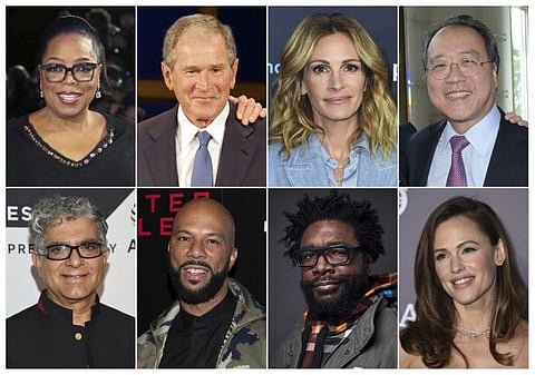 Top row from left, media mogul Oprah Winfrey, former President George W. Bush, actress Julia Robert and musician Yo-Yo Ma, bottom row from left, guru Deepak Chopra, rapper Common, musician Questlove, and actress Jennifer Garner, who are among the participants in the 24-hour livestream event, The Call to Unite, beginning Friday, May 1 at 8 p.m. EDT. (AP Photo)