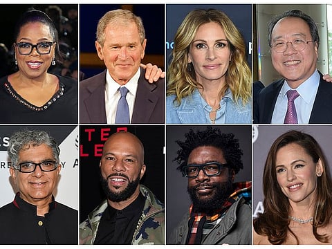 This combination photo shows, top row from left, media mogul Oprah Winfrey, former President George W. Bush, actress Julia Robert and musician Yo-Yo Ma, bottom row from left, guru Deepak Chopra, rapper Common, musician Questlove, and actress Jennifer Garner, who are among the participants in the 24-hour livestream event, The Call to Unite, beginning Friday