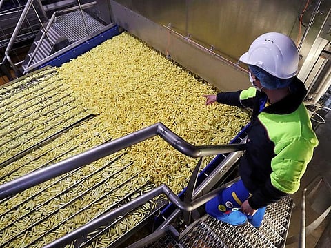 Fresh french fries are seen at Mydibel Group factory, a manufacturer of chilled, frozen and dehydrated potato products, amid the coronavirus disease (COVID-19) outbreak, in Mouscron, Belgium April 29, 2020.