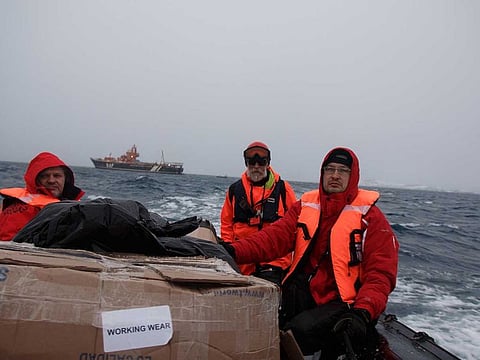 This handout picture taken on April 20, 2020 by Yevgen Prokopchuk, a member of the 25th Ukrainian Antarctic Expedition, shows the group on the way to the Akademik Vernadsky research base on Galindez Island in the Antarctic.