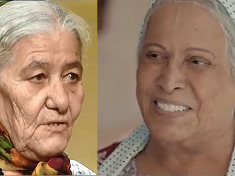 Um Jan (left) in real life and Um Haroon, the character played by Kuwait actress Hayat Al Fahad.