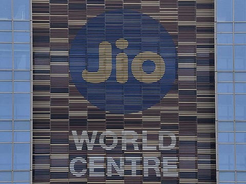 The logo of JIO is seen at the facade of the Jio World Centre, in Navi Mumbai