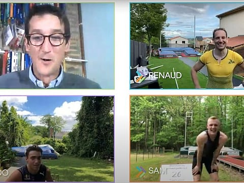 General view of "The ultimate garden clash" with France's Renaud Lavillenie, Sweden's Mondo Duplantis and Sam Kendricks of the US, in various locations, in this screengrab taken from a YouTube video.