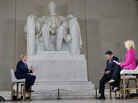 US President Donald Trump participates in a live Fox News Channel virtual town hall called "America Together: Returning to Work" with hosts Bret Baier and Martha MacCallum about the response to the coronavirus disease (COVID-19) pandemic being broadcast from inside the Lincoln Memorial in Washington, US, May 3, 2020.