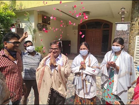 Dr Mehboob Khan with his wife Dr Shahana and daughter Dr Rashika Khan being felicitated at their home in Indian Airlines Colony, Hyderabad.