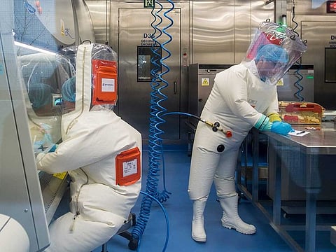 Workers next to a cage with mice (R) inside the P4 laboratory in Wuhan, capital of China's Hubei province.