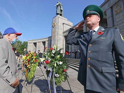 World War II veteran Seman Kleinmann, 94, attends a celebration to mark Victory Day and the 75th anniversary of the end of World War II at the Soviet War Memorial at Tiergarten Park in Berlin, Germany, May 8, 2020.