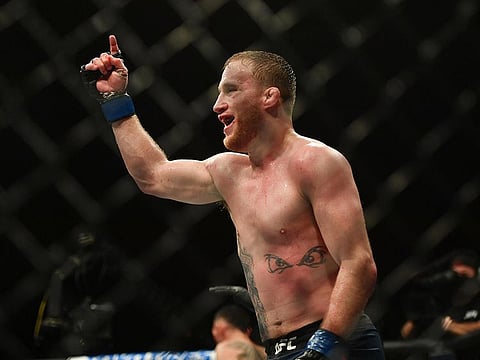 Justin Gaethje celebrates his victory over Tony Ferguson in May this year.