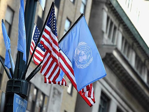 Flags of the United Nations and the United States of America are seen in New York City.
