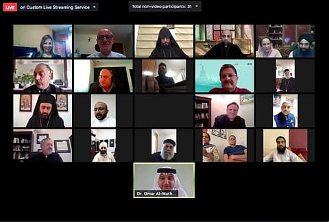 Dr Omar Al Muthanna and others at the Prayer for Humanity virtual meeting this afternoon