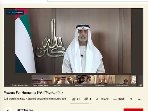 Shaikh Nahyan bin Mubarak Al Nahyan, the UAE Minister of Tolerance, addressing Prayer for Humanity session on UAE Tolerance Youtube channel