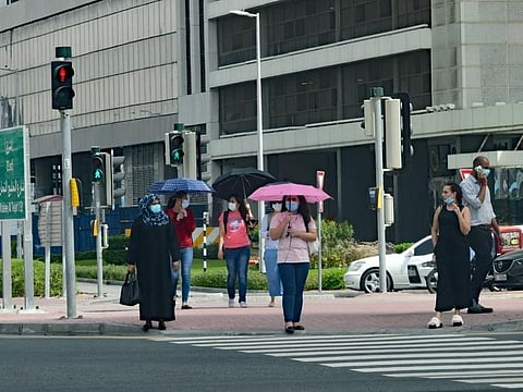 People wearing masks in Business Bay, Dubai