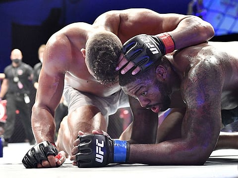 Alistair Overeem consoles Walt Harris States after their heavyweight bout during UFC Fight Night at VyStar Veterans Memorial Arena in Jacksonville, Florida.