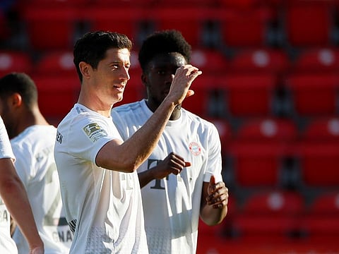 Bayern Munich's Robert Lewandowski celebrates scoring the opening goal against Union Berlin