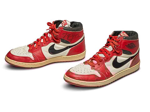 A pair of 1985 Nike Air Jordan 1s, made for and worn by U.S. basketball player Michael Jordan, are seen in an undated handout photo ahead of an online auction by Sotheby's New York.
