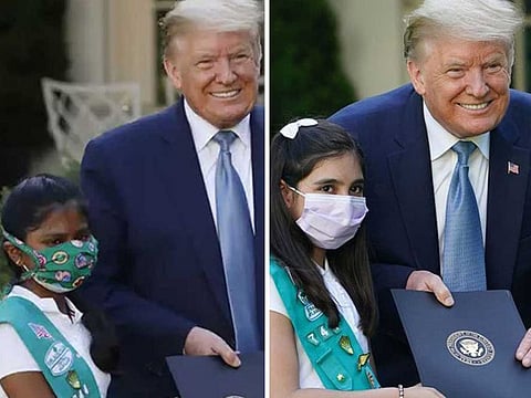 US President Donald Trump recognises Indian and Pakistani American girls Sravya (left) and Laila as heroes at a ceremony held at White House.