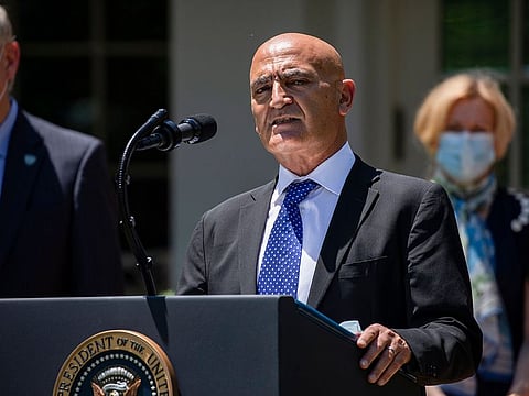 Moncef Slaoui, a former pharmaceutical executive, speaks after President Donald Trump announced his appointment to lead the project to develop a vaccine to fight COVID-19, at the White House in Washington.