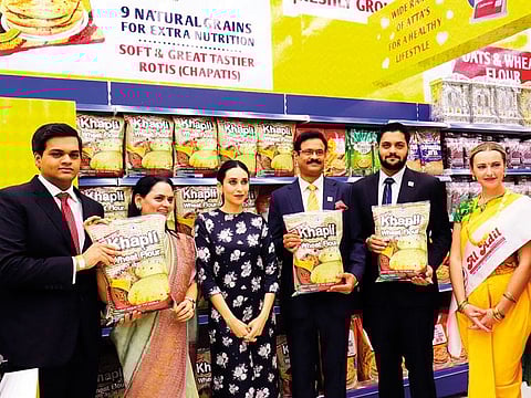 Bollywood actress Karisma Kapoor at the launch of Khapli wheat atta at the Al Adil store in the UAE, alongwith Dhananjay Datar, Chairman and MD, Al Adil Group
