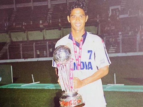 Jules Alberto Dias with the SAFF Trophy, which India won for the third time in 1999.