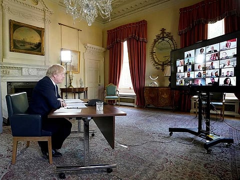 Britain's Prime Minister Boris Johnson opens the Hidden Harms Summit via Zoom from the White Room of 10 Downing Street during COVID-19 in London, Britain, on May 21, 2020.