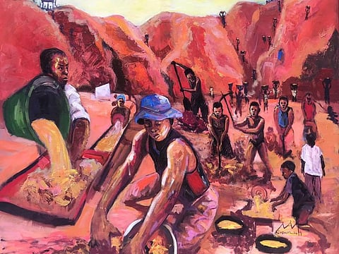 A painting commissioned by Gulf News depicting illegal gold mining in Zimbabwe which loses $2 billion worth of gold to smuggling annually