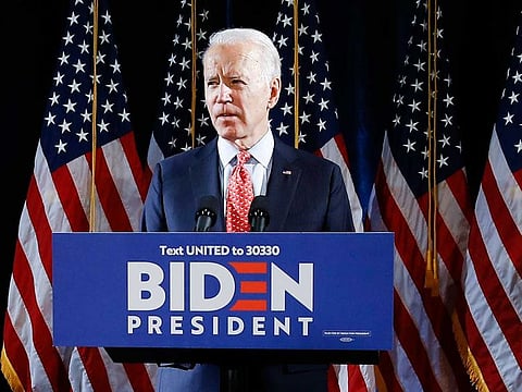 Democratic presidential candidate former US vice-president Joe Biden speaks about the coronavirus in Wilmington, Delaware