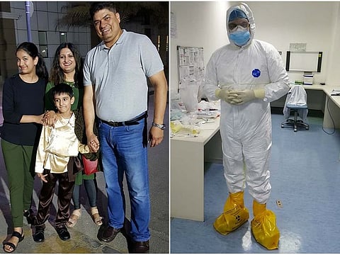 Dr Pulak Puneet in PPE on the right and with his family on the left