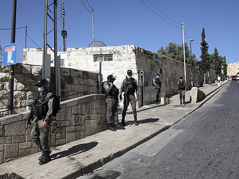 Israeli occupation regime officers secure the area of Lion's gate in occupied Jerusalem's Old City, Saturday, May 30.