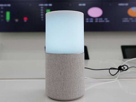SK Telecom's AI speaker Nugu built with an artificial intelligence called "Aria" and a lamp that turns blue when processing voice commands for news, music and internet searches, is seen in Seoul, South Korea.