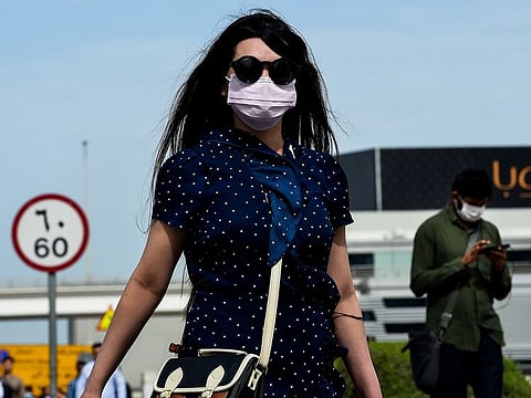People wearing masks as a precautionary measure walk past a street in Business Bay area in Dubai.