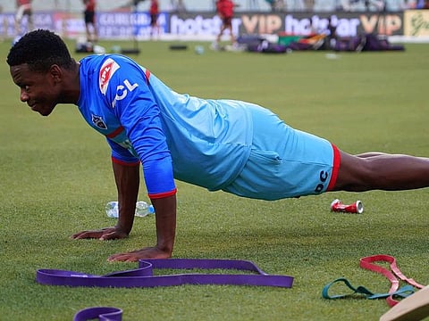 Kagiso Rabada doing push-ups during a practice session for Delhi Capitals in the IPL last year.