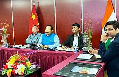 Ambassador of India to China held digital interaction on India-China bilateral relations with scholars from Shanghai-based institutions, covering broad swathe of bilateral, regional and international issues in lively and thought-provoking discussion, in Beijing. (ANI Photo)