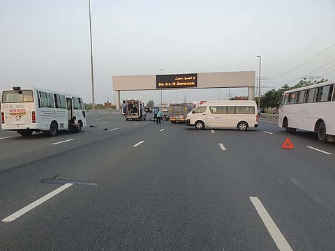 Three workers injured after trying to cross Al Khail Road on Wednesday morning - bus they were on had suffered burst tyre