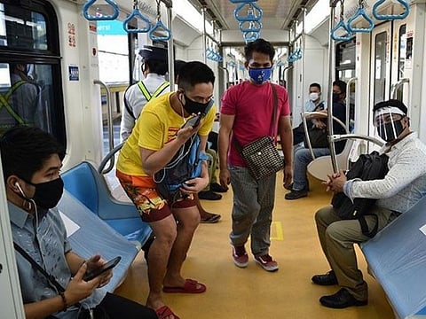 Empty seats on a train separate passengers as part of social distancing rules in Manila, after the lockdown was eased in the Philippine capital on June 1, 2020.