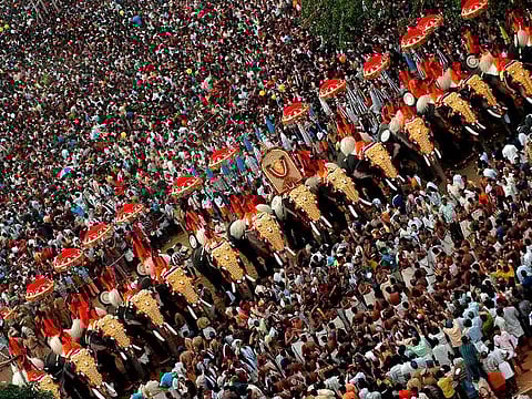 File photo: Volunteers hold colourful umbrellas from atop caparisoned mammoths as they indulge in 'Kodaimattom',  during the annual Thrissur Pooram Festival held in Thrissur District in the South India state of Kerala