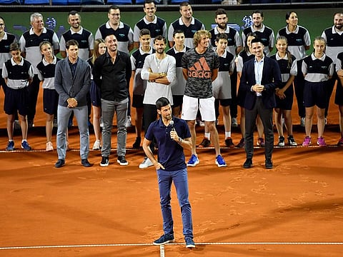 World No.1 Novak Djokovic speaks after one of the final matches between Dominic Thiem and Filip Krajinovic at the Adria Tour.