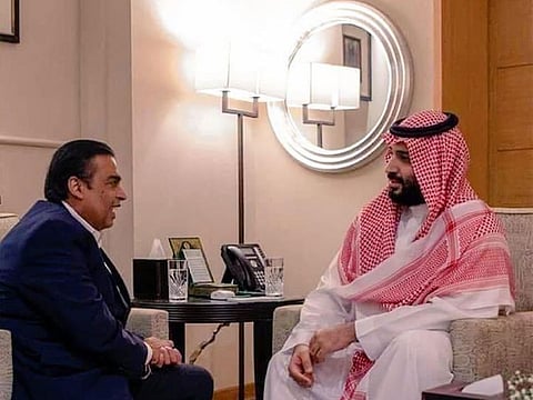 File picture of Saudi Crown Prince Mohammed Bin Salman with Mukesh Ambani of Reliance Industries.
