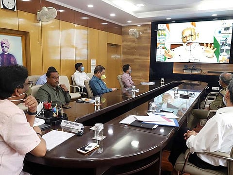 Chief Minister of Jharkhand Hemant Soren attends the video conference meeting of Chief Ministers of 21 states and Union territories with Prime Minister Narendra Modi, in Ranchi on Tuesday.