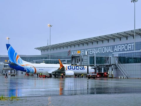 A chartered flight for repatriation, operated by FlyDubai, at Kannur International Airport in Kerala after it received a 'water salute' upon landing on Saturday.