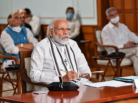 Indian Prime Minister Narendra Modi during the all-party meeting, conducted with Opposition party leaders through video-conferencing, to discuss the current India-China standoff along the Line of Actual Control, in New Delhi on Friday.