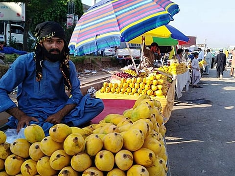 Mango vendors wait for customers in the Barakahu area of Islamabad on June 16.